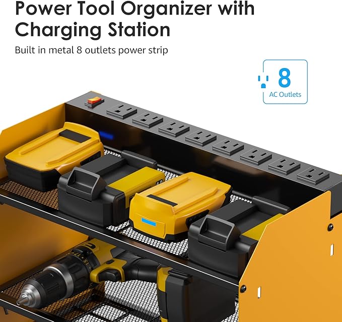 CCCEI Modular Power Tool Organizer Wall Mount with Charging Station. Garage Drill Storage Shelf with Hooks, Heavy Duty Rack, Tool Battery Holder Built in 8 Outlet. Gift for Men. Yellow.