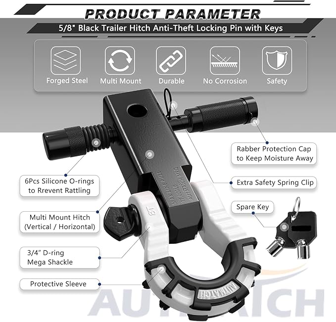 AUTMATCH Shackle Hitch Receiver 2" with 3/4" Mega D Ring Shackle and 5/8" Trailer Hitch Lock Pin, 68,000 Lbs Break Strength Heavy Duty Receiver Towing Kit for Off-Road Vehicle Recovery, Black & White