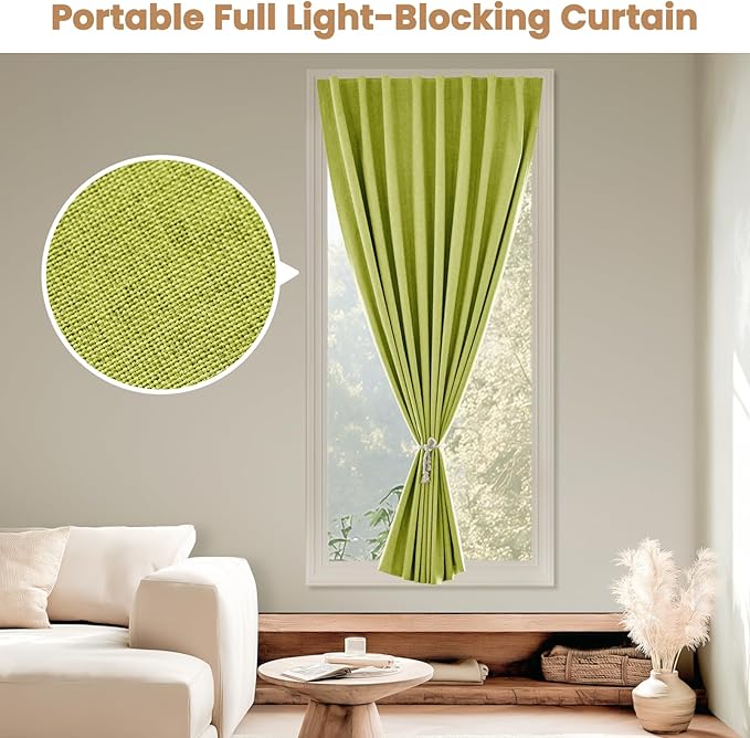 100% Blackout Curtain,Adhesive Curtain,Black Out Window Cover No Drilling Travel Kit,Perfect for Media Rooms, Dormitories and Renters (Fruit Green - W35 × L80 in)