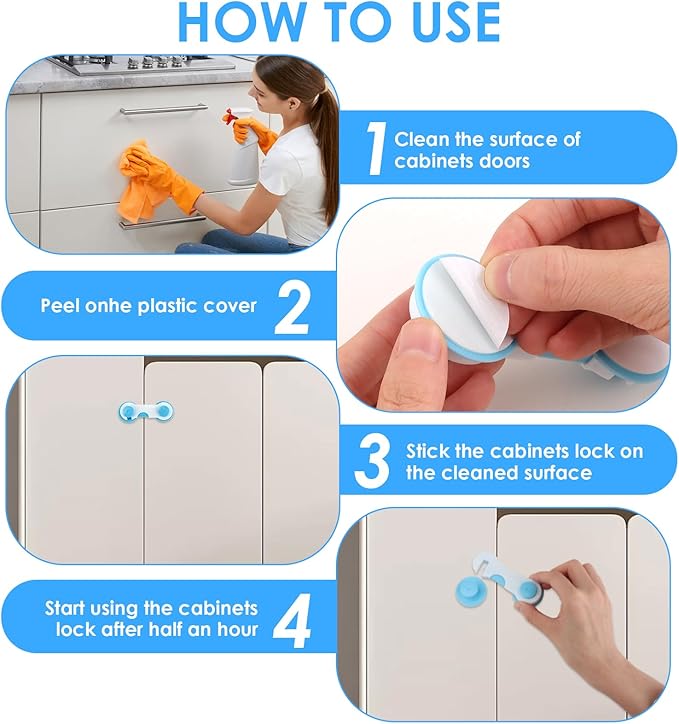 12 Pcs Baby Proof Cabinet Locks, Cabinet Child Locks with Strong Adhesive for Drawers Fridge and Closet Doors, No-Tool Installation Childproofing for Kitchen and Pantry (White and Blue)