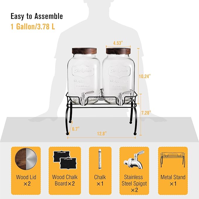 mustry Glass Drink Dispenser for Parties, 1 Gallon Beverage Dispenser with Stand and Spigot Solid Stainless Steel, Used as Lemonade Dispenser Sun Tea Jar Kombucha Jar, Set of 2