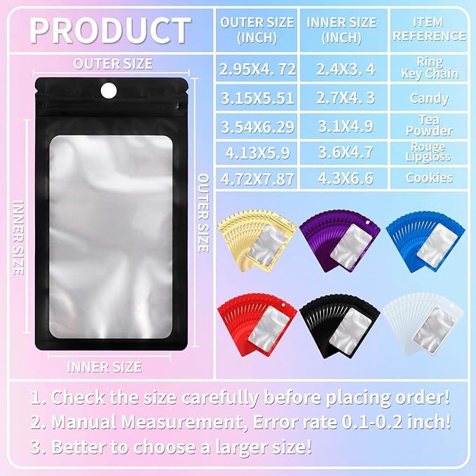 200 Pack Resealable Mylar Holographic Bags Food Storage Smell Proof Bags with Front Window Foil Packaging Pouch for Candy Sample Jewelry Small Business 3.15×5.51 Inch, Purple