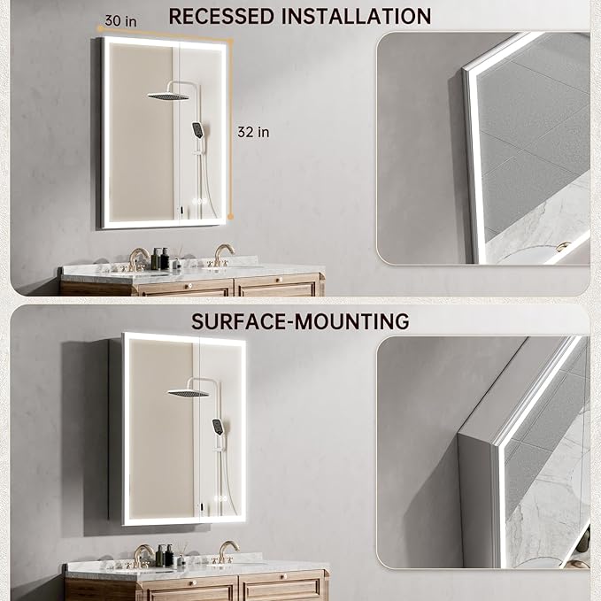 30"x32" Medicine Cabinet Mirror, LED Lighted Medicine Cabinet with Electrical Outlet＆USB, Anti-Fog, 3 Colors Temperature Stepless Dimmable, Aluminum Cabinet for Storage and Mordern Decor