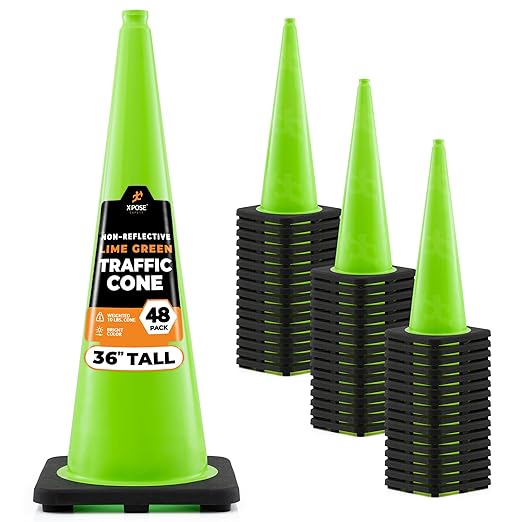 Xpose Safety 36” Lime Green Traffic Cone - 48 Pack - Premium PVC Safety Cone for Parking, Caution, Construction, Road Crews, Emergency Vehicle - DOT Approved