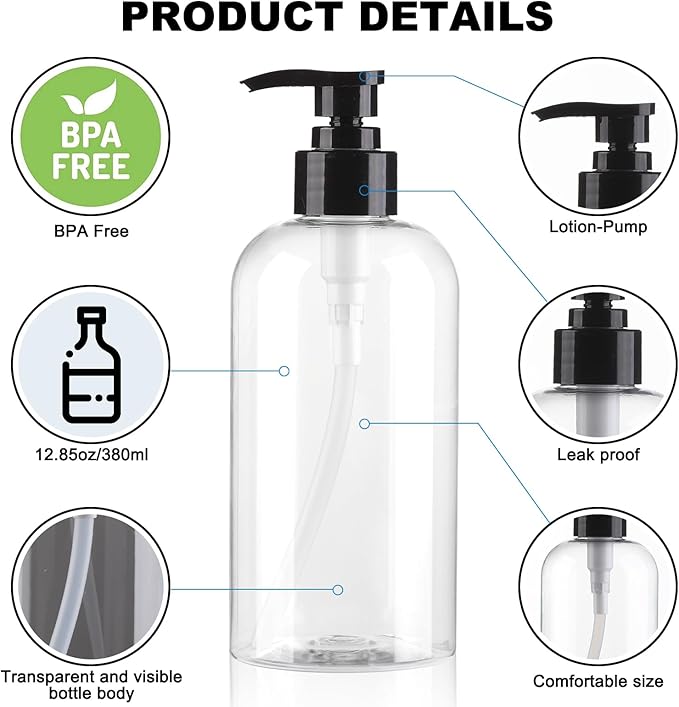 Empty Pump Bottles Dispenser 12.85oz/380ml, Refillable Clear BPA-Free Plastic Pump Bottle for Shampoo, Lotion, Soap and Massage Oil, 2 Pack