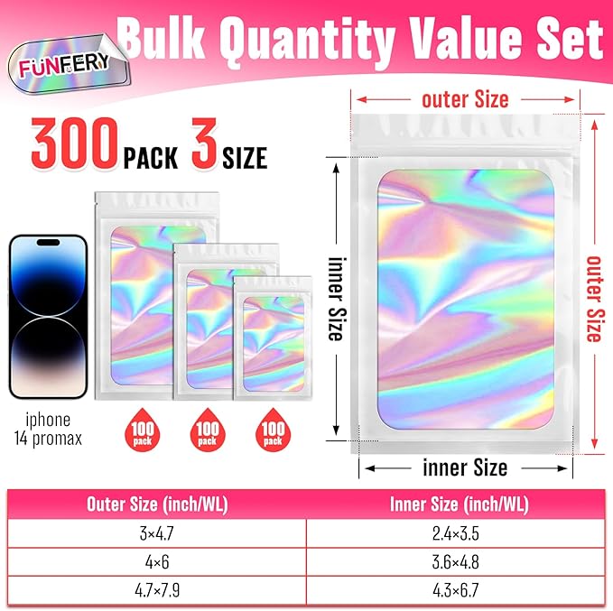 Funfery 300 Pack 3 Size Mylar Holographic Bags with Clear Window,Resealable Bag Smell Proof Foil Baggies Packaging Pouch for Food Storage,Sample,Small Business(White,3x4.7,4x6,4.7x7.9in)