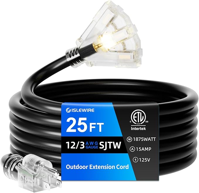 25 FT Outdoor Extension Cord with Multiple Outlets, 12 Gauge Heavy Duty Black Extension Cord Waterproof with 3 Outlet, 3 Prong Power Cord for Garden and Home Use Indicator Light, ETL Listed