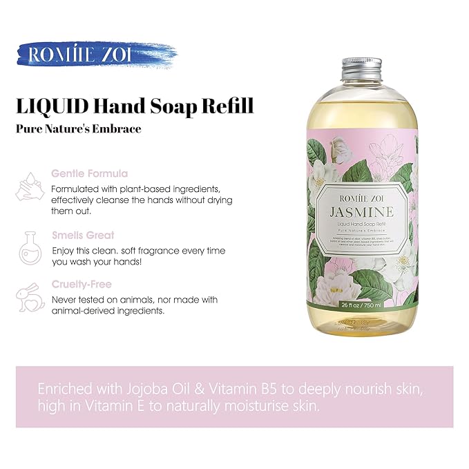 ROMIIE ZOI Liquid Hand Soap Refill, Jasmine, Gentle & Moisturizing Formula, 750 ML/ 26 FLOZ