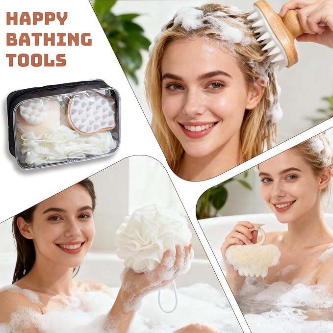 NVTED 6 PCS Bath Tools Set, Loofah Washcloth Combo 2-in-1, Suction Cup Bath Ball，Silicone Body Bath Brush with Waterproof Cosmetic Bag, for Body Wash and Smooth Skin