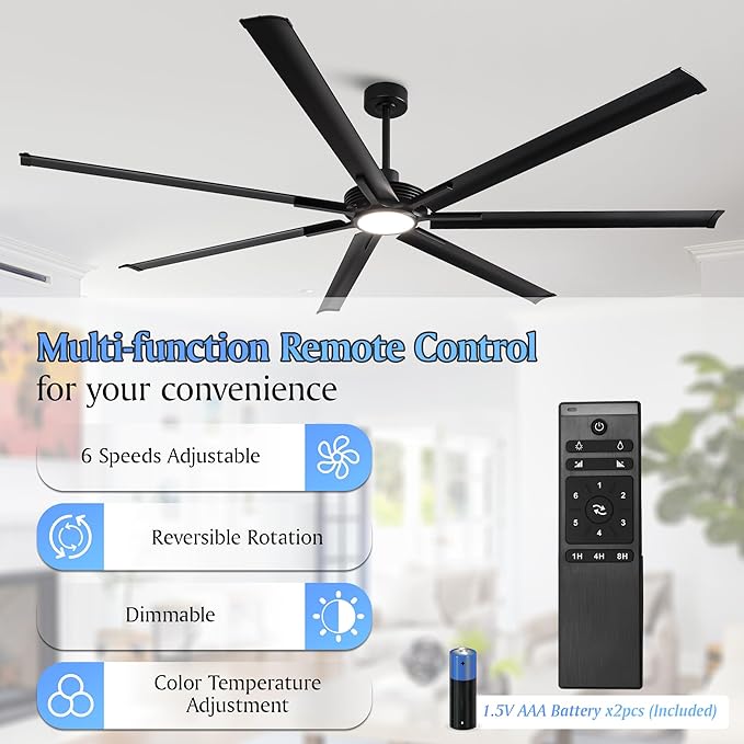 100 Inch Ceiling Fans with Lights, Black Industrial Ceiling Fan and Remote for Living Room Shop Garage, Large Outdoor Ceiling Fans for Patios, 7 Aluminum Blades, Reversible DC Motor, Dimmable, ETL