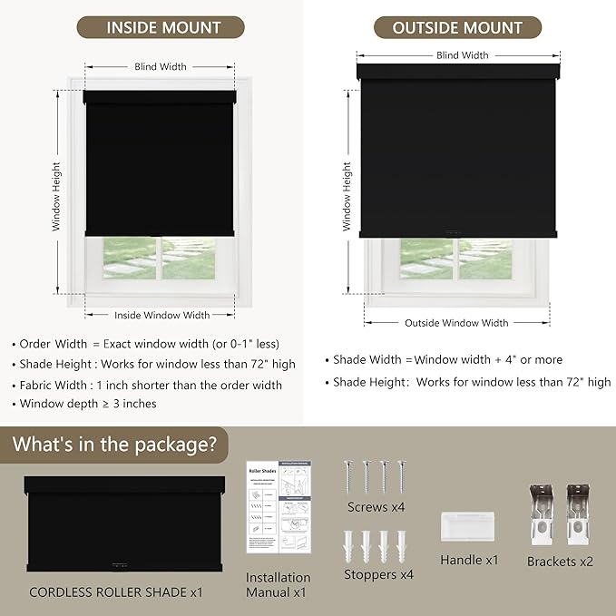 Cordless Blackout Roller Shades Blinds for Windows Free-Stop,Pull Down Room Darkening with Valance,Thermal Insulated Woven Fabric Window Door Blinds for Home,Office,Black 27.5" W x 72" H