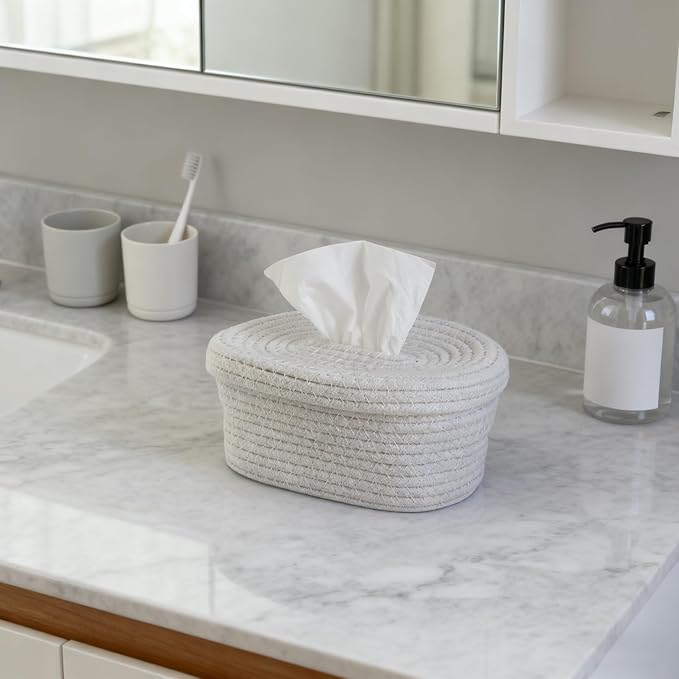 2 Pack Modern White Woven Tissue Box Cover - Decorative Tissue Holder for Bathroom Countertop, Living Room Table, Office Desk, Bedroom Dresser and Night Stand