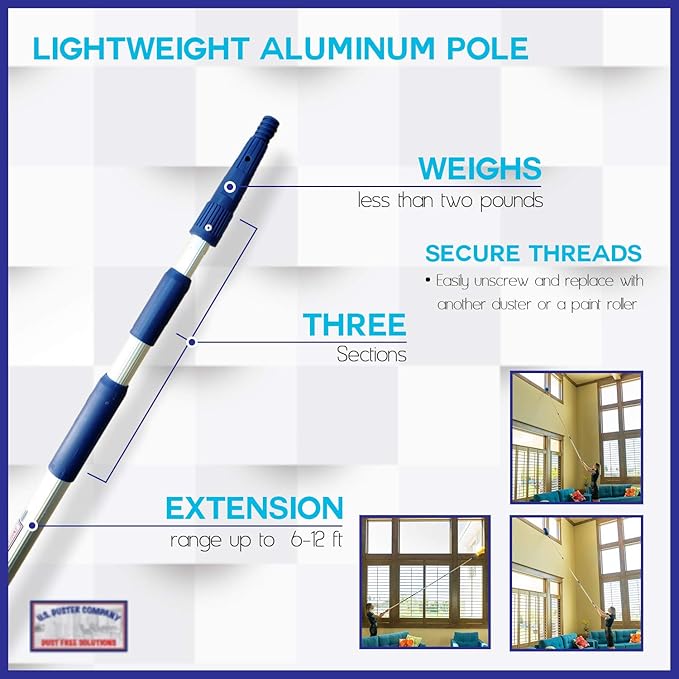 Extension Rod & Blue Extension Cobweb Duster Ultimate Dusting Kit - Extendable Reach 20 feet, Ceiling Fan Duster, Long Handle Aluminum Telescoping Pole, Webster Duster for Cleaning