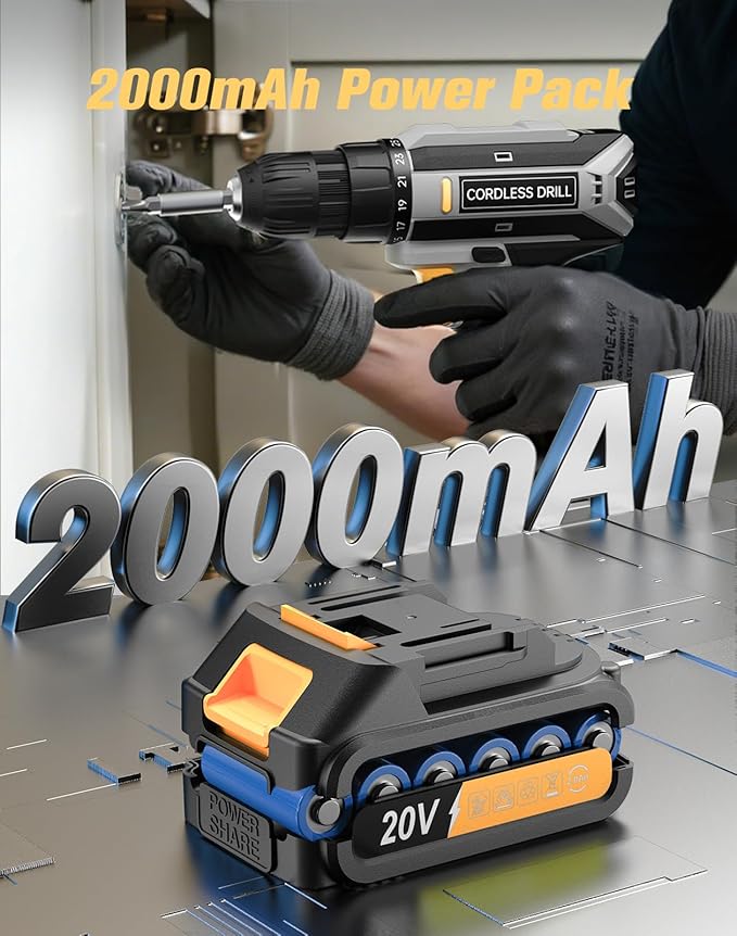 Cordless Drill, 20V MAX Power Drill Set with 2.0Ah Power Pack & Charger, 3/8 Inch Keyless Chuck, Variable Speed, 25+1 Position and 56PCS Bits/Screws, Power Tools for Home Projects