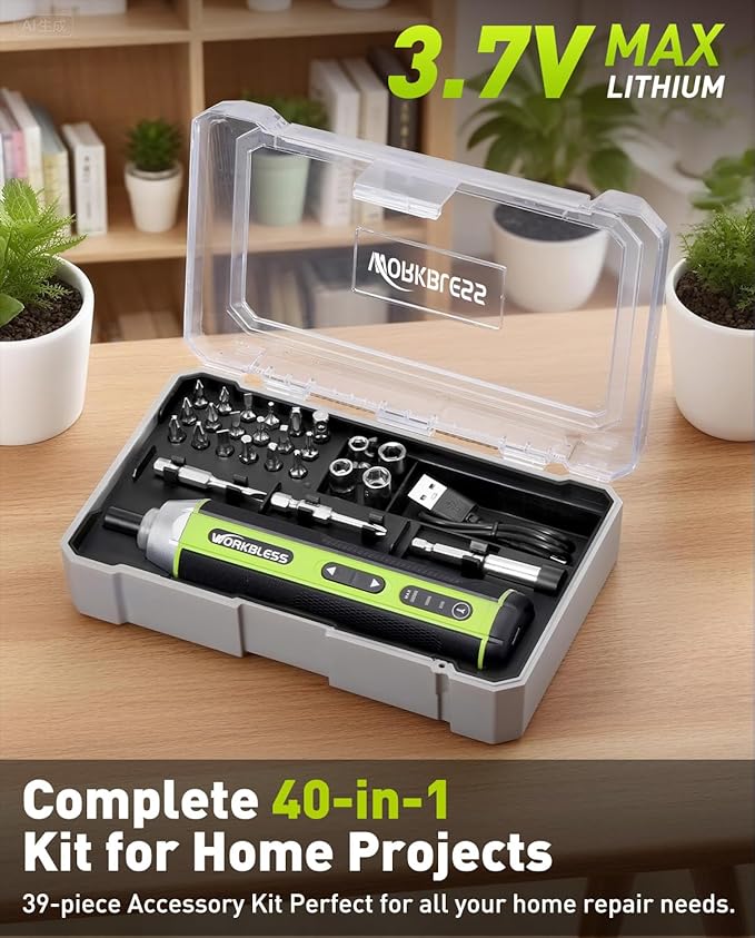 Electric Screwdriver Set, 3.7V Cordless Screwdriver with 3 Torque Settings, 300RPM & 5N.m Max Torque, LED Light, USB-C Charging Cable with 26Pcs Accessory Kit for Furniture, DIY