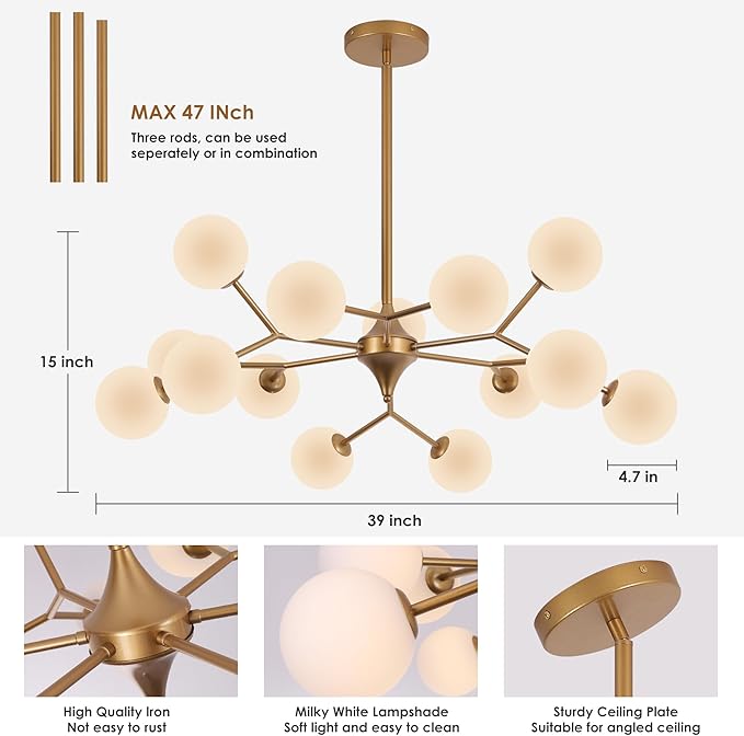 COCOSTAR Reddish Sand Gold Dining Room Chandelier, 15 Lights Modern Sputnik Chandelier for Kitchen Island Living Room Bedroom, Ceiling Light Fixture Over Table, G9 Base