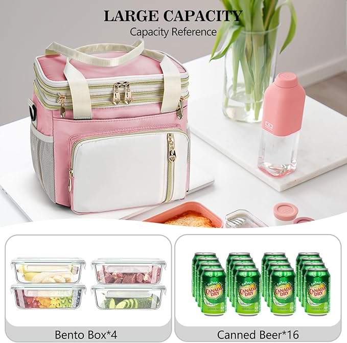 LOKASS Expandable Lunch Box for Women | Adult Lunchbag Cooler Tote Bag with Adjustable Shoulder Strap | Insulated Reusable Womens Lunch Bags for Work Camping Beach | 16L, Pink