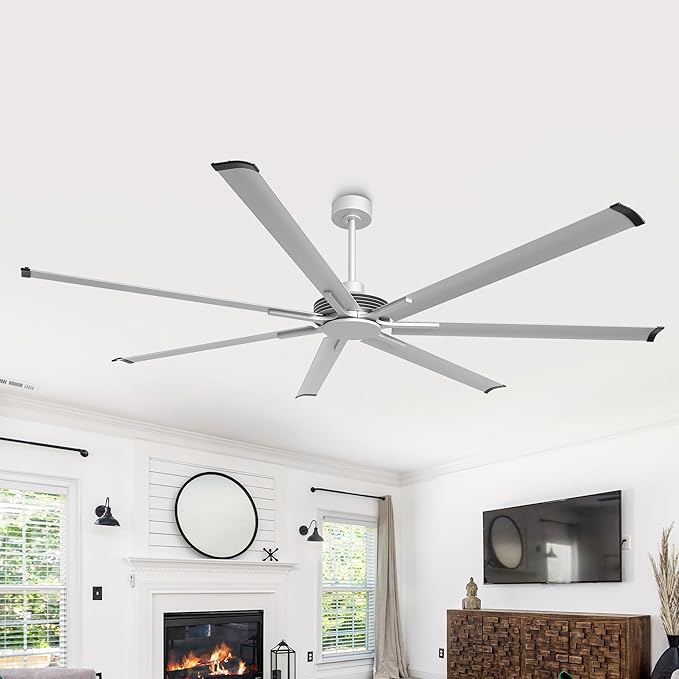 Industrial Ceiling Fans with Remote Control, 100 Inch Large DC Motor Ceiling Fans without Lights for Living Room Shop Garage Bedroom Indoor Outdoor, 6-Speed, Reversible 7 Aluminum Blades, Timer