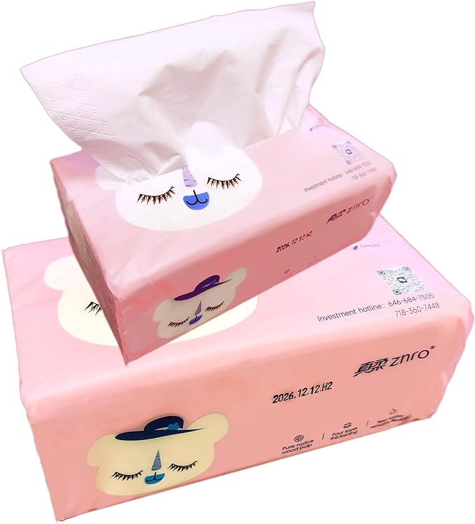1200 Pulls ZNRO Powder Free Lint Free Paper Facial Tissues Super Soft 4-Ply 6.1"x6.9",Hypoallergenic Skin Friendly,Made of Virgin Wood Pulp,4-Side Art Pattern Embossed,Compact Pink Plastic Packaging