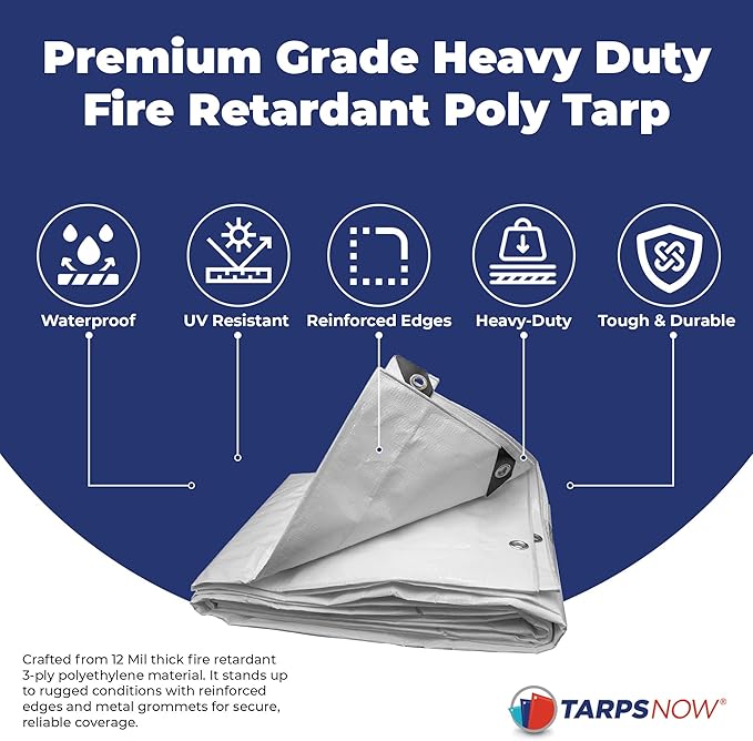 Tarps Now 10x10 Feet Fire Retardant Poly Tarp |12 MIL Heavy Duty Waterproof Cover |Rip and Tear Proof Plastic Tarp with Rustproof Aluminum Grommets & Reinforced Edges |Ideal for Camping - White