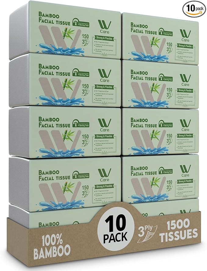 WBM Care Bamboo Facial Tissues, Bulk Box of 10 Packs, 150 Sheets Each, Total 1,500 Sheets, Soft and eco-friendly, perfect for everyday use, great value