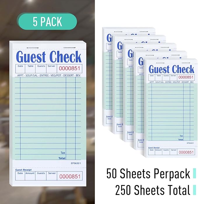 DGBDPACK Guest Check Books for Servers, 5 Pack of EP-3632-1 Server Note Pads, Thick Server Paper with Guest Receipt, Waitress Notepads - 250 Orders Total (Green, 6.75"x3.5")