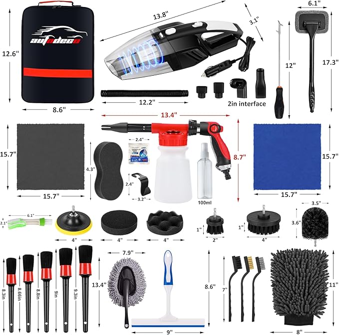 AUTODECO 43Pcs Car Wash Detailing Kit Cleaning Kits with Foam Gun Sprayer Long Handle Mop Car Vacuum Drill Brush Large Wash Mitt Towels Complete Interior Exterior Car Washing Supply Set Blue