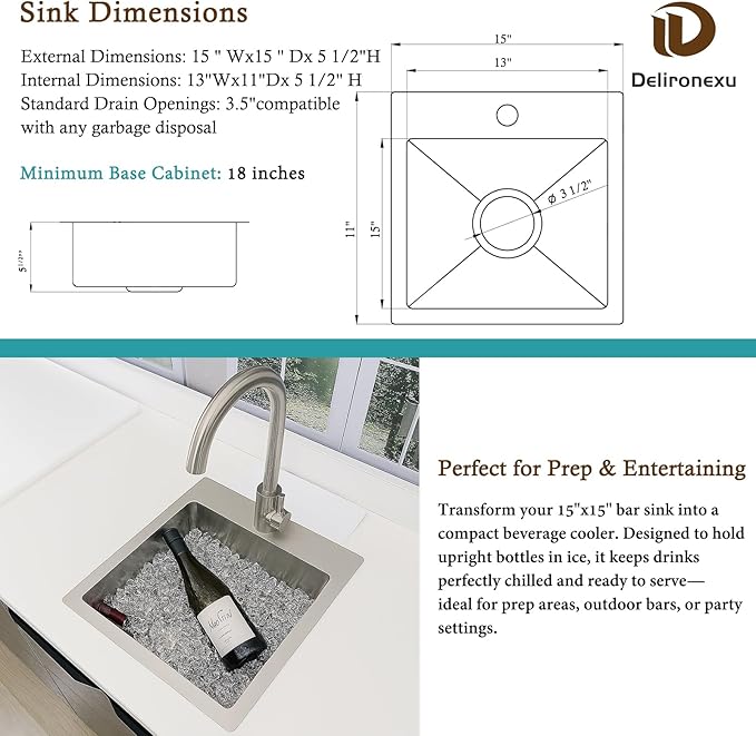 15 Inch Bar Sink Drop In - Delironexu 18 Gauge Stainless Steel Small Kitchen Sink, 15"x15" Single Bowl Square Wet Bar with Brushed Finish for Outdoor, RV, and Prep Use