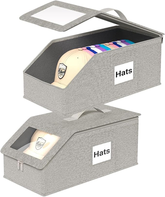 Stackable Hat Organzier for Baseball Caps, 2 PCS Hat Storage Holder Holds up to 24 Caps for Closet, Dust-Proof Hat Boxes Container with Clear Window for Home