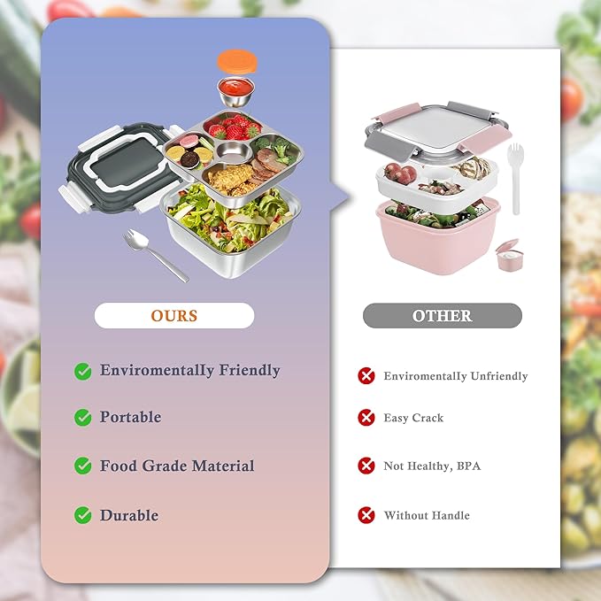 Salad Container for Lunch: 64oz Salad Bowl with Included Spork, 4-Section Bento Tray & Sauce Pot