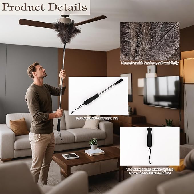 Telescopic Ostrich Feather Duster, 59-inch Naturally Fluffy Long-Handled Feather Duster, Soft, Durable and Reusable for Cleaning high Ceilings, Walls, Fans, Furniture and Blinds in The Home Office