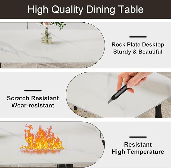 50" White Modern Sintered Stone Dining Table Set for 4 Faux Marble Dining Table with 4 Upholstered PU Leather Chair Dining Room Table Set (1White Table+4Orange and Gray Chairs)