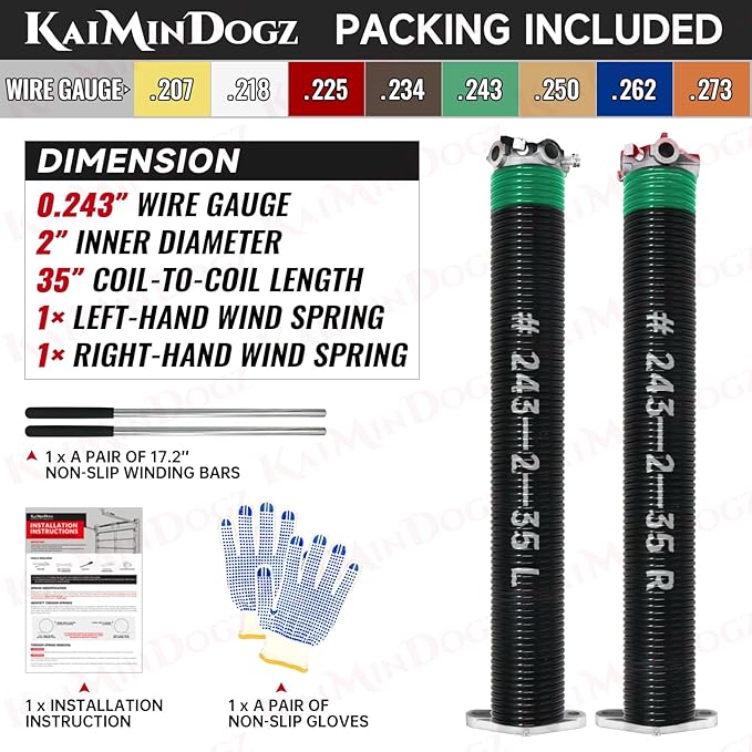 Pair of 2" Garage Door Torsion Springs Set with Non-Slip Winding Bar & Gloves,High Precision Electrophoresis Black Coated, for Replacement & Installation, MIN 16,000 Cycles (0.243x2''x35'')