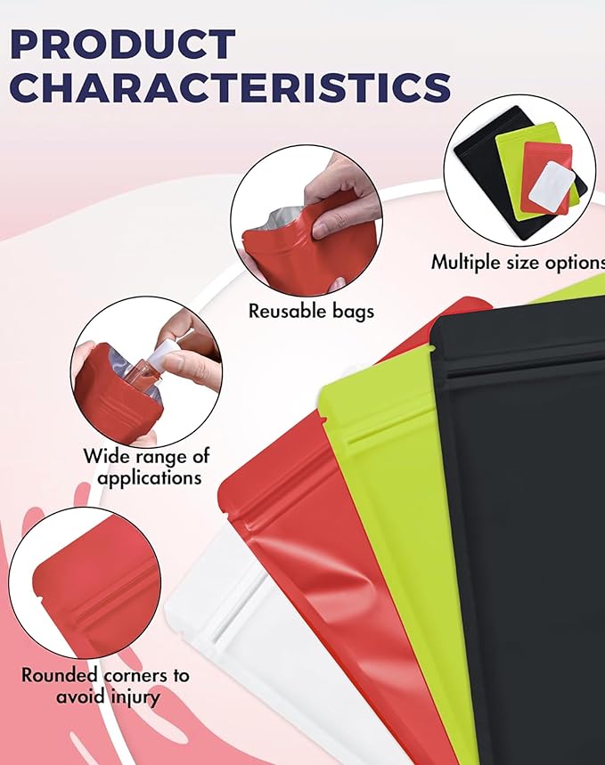 FireKylin 100 Pack Resealable Packaging Bags for Small Business Double-Sided Color Smell Proof Bags for Food Storage Flat Bags (Red, 7.1" x 10.2")