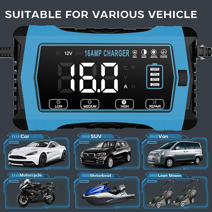 16 AMP Battery Charger, 6V/12V/24V Smart Car Battery Charger, Trickle Charger, Fully Automatic Chargers and Maintainer for Car, Motorcycle, Lawn Mower, Lead-Acid, Lithium, LiFePo4 Batteries
