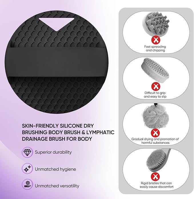 Anti Zinc Infused-Silicone Body Scrubber – Lymphatic Brush Exfoliating Body Scrubber for Shower Body,with Stiff and Soft Bristles for Anti-Puffiness,Blood Circulation - Black