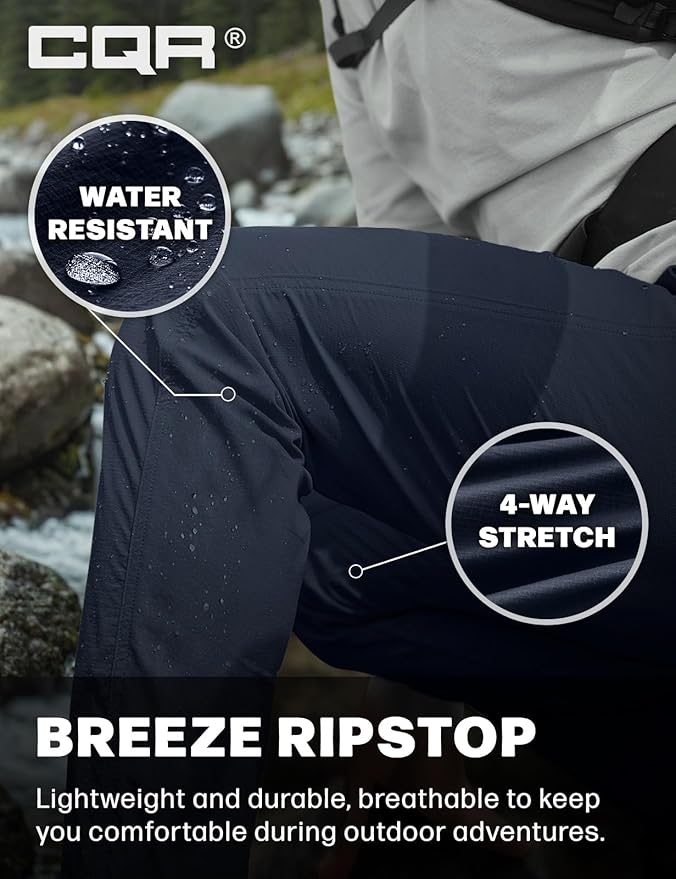 CQR Men's Lightweight Vent Hiking Pants, Water-Resistant & Breathable Sports Outdoor Athletic Pants with Elastic Waist