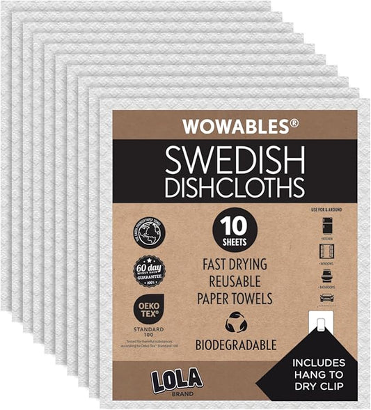 LOLA Swedish Dishcloths, 10 Sheets Biodegradable Reusable Paper Towels Absorbent Kitchen Sponge Cloths Zero Waste No Odor, Made in Germany