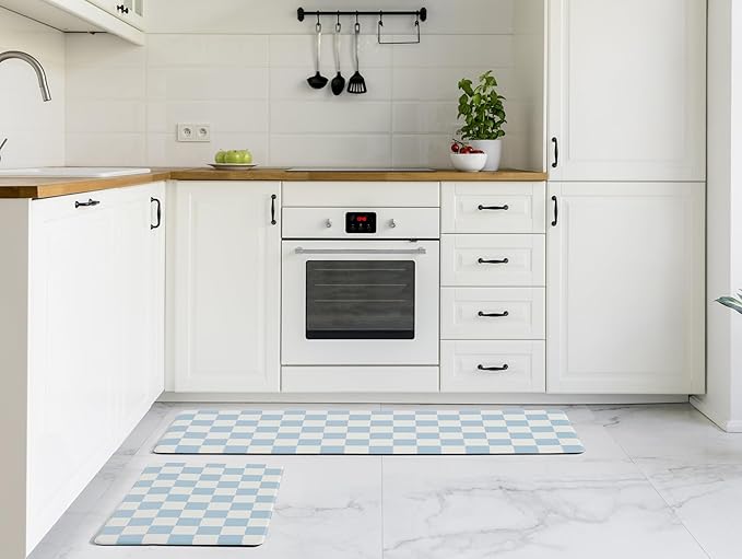 Blue Checkered Kitchen Mats for Floor Set of 2, 2 Pcs Cushioned Non Slip Runner Rugs for Kitchen/Sink/Laundry, Comfort Aesthetic Cute Anti-Fatigue Foam Floor Mat 17.3"x29.5"+17.3"x47.2"