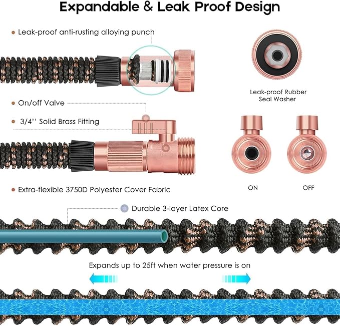 50FT Expandable Garden Hose - with 10-Function Spray Nozzle - Lightweight, Flexible, 3/4" Solid Brass Fittings-champagne