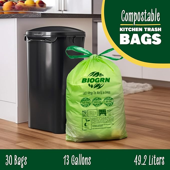 10-13 Gallon Compostable Trash Bags Drawstring 30 Bags Heavy Duty Extra Thick 1 Mil 49.21 Liter Biodegradable Trash Bags Compost Bags Green for Kitchen ASTM D6400 US BPI and OK Compost Home Certified