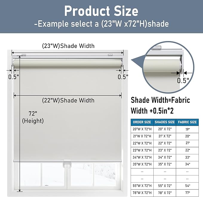 AOSKY Cordless Roller Shades Blackout Blinds for Windows Room Darkening Rolled Up Shades with Spring System, UV Protection Window Shades Door Blinds for Home and Office (49" W x 72" H, Ivory White)