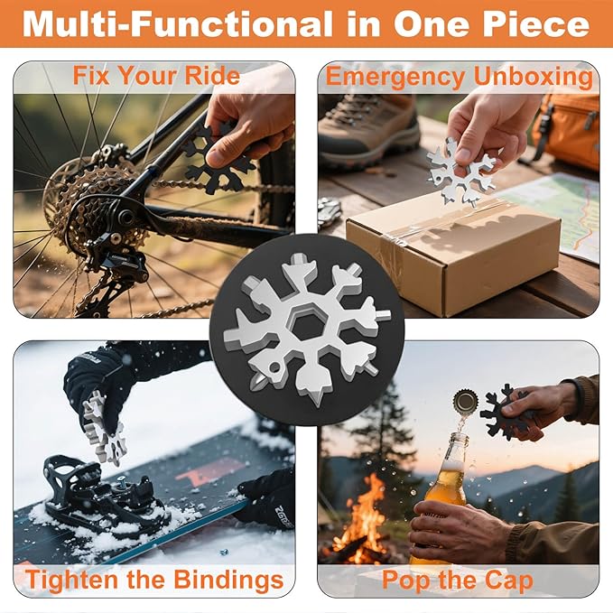 Snowflake Multi Tool 2 Pack - Stainless Steel 18 in 1 Multitool with Carabiner,Bottle Opener & Wrench,Stocking Stuffers for Men,White Elephant Gifts, Christmas Gifts for Him (Silver + Black)
