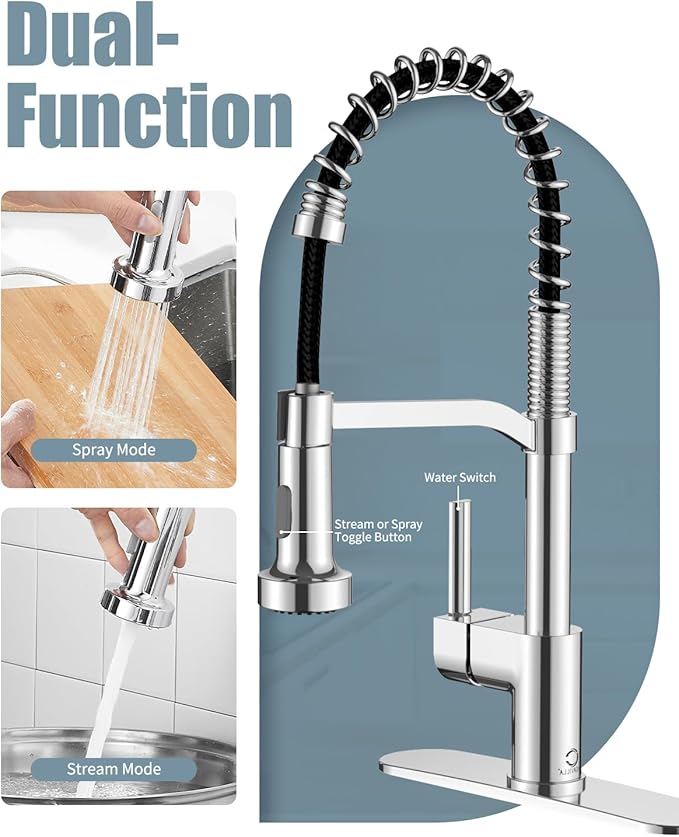 Chrome Kitchen Faucet with Soap Dispenser, Faucet for Kitchen Sink, Kitchen Sink Faucet with Deck Plate, RV Kitchen Faucet with Pull Down Sprayer and Dual Function Spray Head