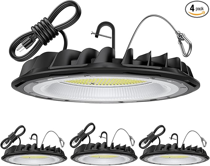 hunhun 4 Pack ETL 155W UFO LED High Bay Light, 22500lm, Daylight 5000K, US Plug,110-277V, IP65 Waterproof Commercial LED Shop Lights for Workshop Factory Barn Warehouse, Garage ETL Listed