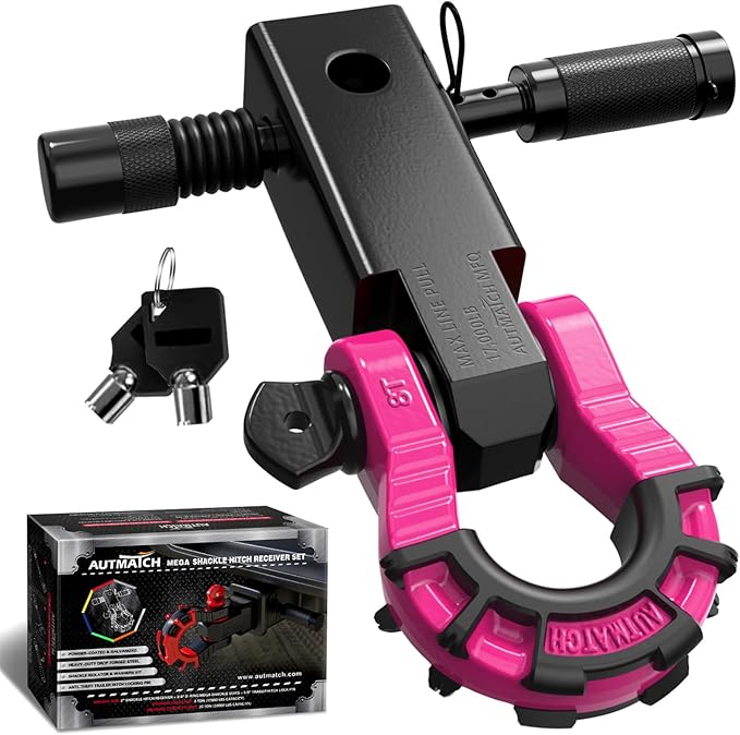 AUTMATCH Shackle Hitch Receiver 2" with 3/4" Mega D Ring Shackle and 5/8" Trailer Hitch Lock Pin, 68,000 Lbs Break Strength Heavy Duty Receiver Towing Kit for Off-Road Vehicle Recovery, Black & Pink