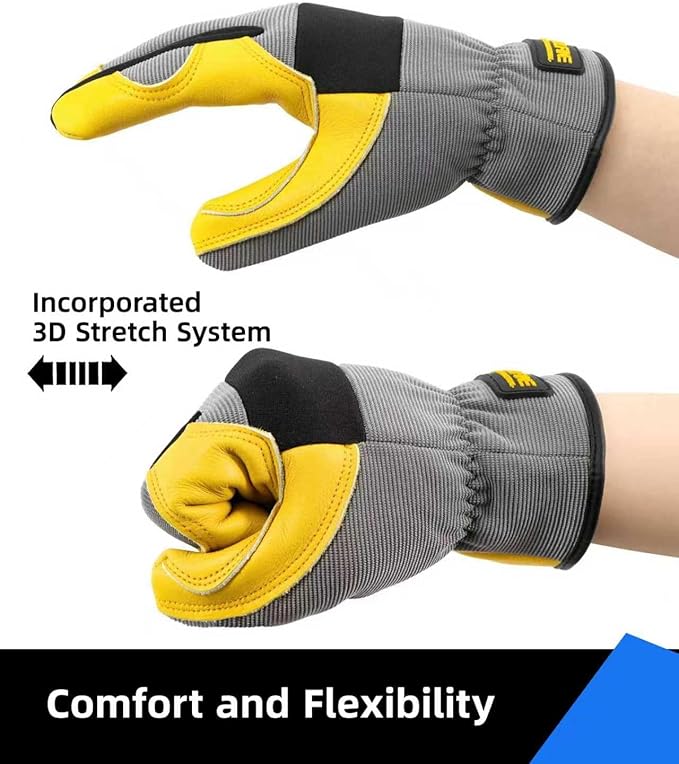 DULFINE Cow Leather Palm Mechanic Work Gloves for Men & Women,Flexible Breathable Fit-Padded Knuckles,Ideal for Construction Yardworks DIY