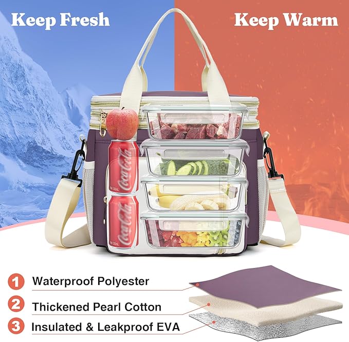 LOKASS Expandable Lunch Box for Women | Adult Lunchbag Cooler Tote Bag with Adjustable Shoulder Strap | Insulated Reusable Womens Lunch Bags for Work Camping Beach | 16L, Dark Pink