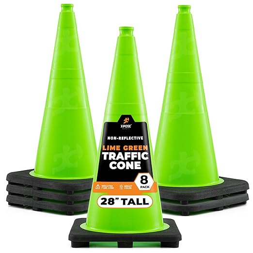 Xpose Safety 28” Lime Green Traffic Cone - 8 Pack - Premium PVC Safety Cone for Parking, Caution, Construction, Road Crews, Emergency Vehicle - DOT Approved