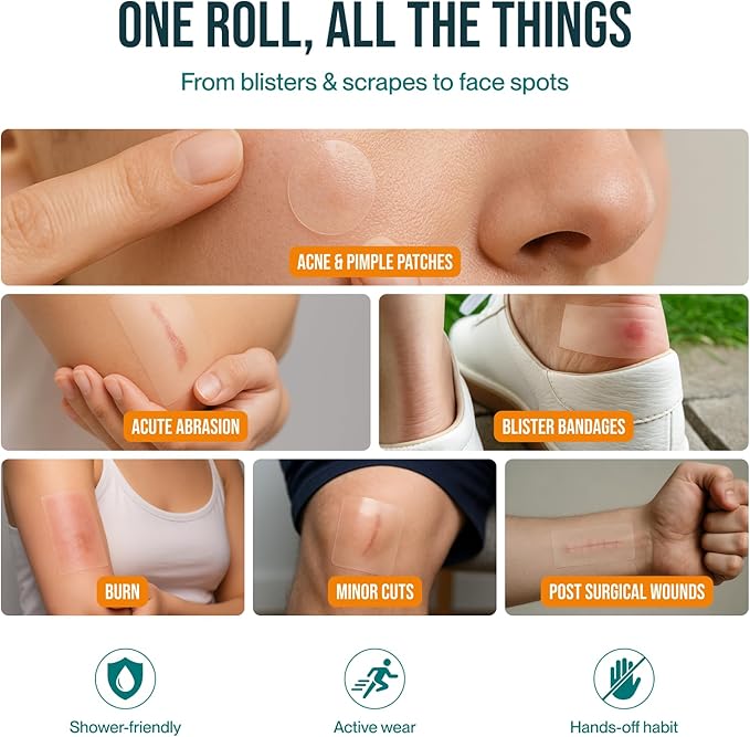 Hydrocolloid Roll for Wound Care, Hydrocolloid Patch Bandages with Self-Adhesive, Bed Sore Bandages, Highly Absorbent for Burn, Blister, Acne Care, Sterile and Waterproof (2in x 12ft)